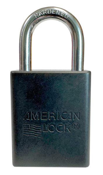 Alum Padlock. 1-1/2" Body, 1/4" Shackle Diameter, 1" Shackle Length, Black, Edmonton 1