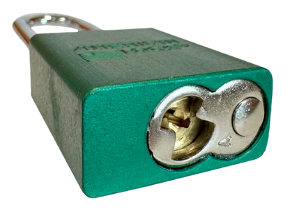 Alum Padlock. 1-1/2" Body, 1/4" Shackle Diameter, 3" Shackle Length. Green, Edmonton 5