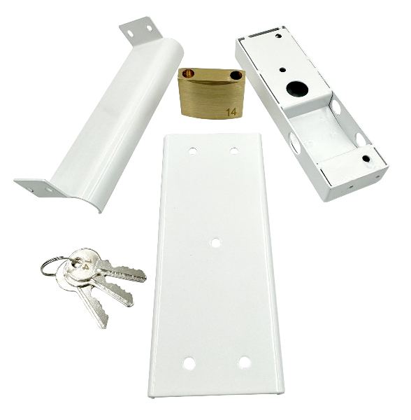 Edmonton Folding gate lock option. Slam lock with 100% steel chamber, covered. White. 1