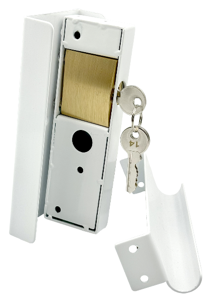 Edmonton Folding gate lock option. Slam lock with 100% steel chamber, covered. White. 2