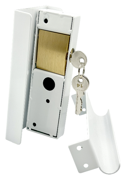 Edmonton Folding gate lock option. Slam lock with 100% steel chamber, covered. White. 2