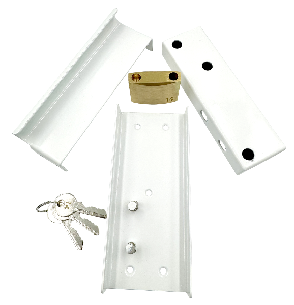 Edmonton Folding gate lock option. Slam lock with 100% steel chamber, covered. White. 3