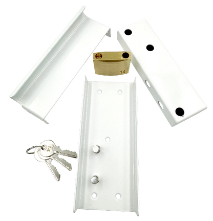 Edmonton Folding gate lock option. Slam lock with 100% steel chamber, covered. White. 3